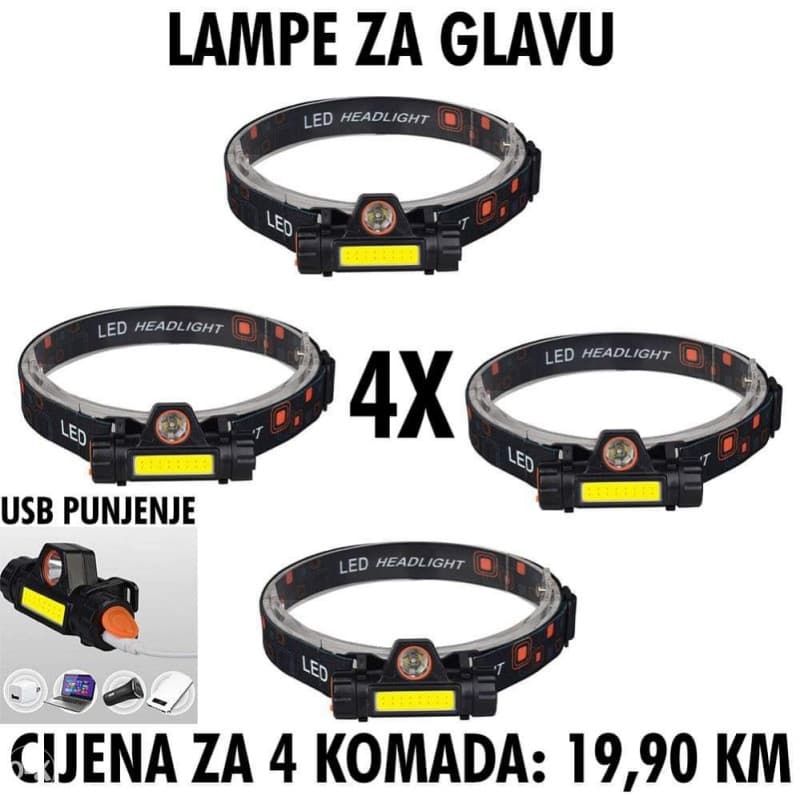 4x komada PUNJIVA BATERIJA BATERIJSKA LAMPA ZA GLAVU NAGLAVNA 2